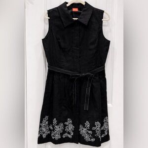 Oscar de la Renta Linen Black Midi Dress with White Floral Detail